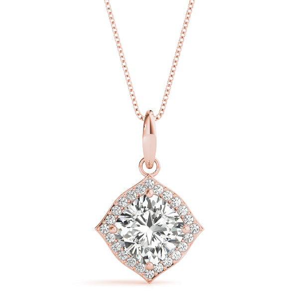 14K Rose Gold Diamond Cushion Halo Pendant