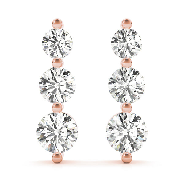 18K Rose Gold 1 CT Diamond Three Stone Earrings