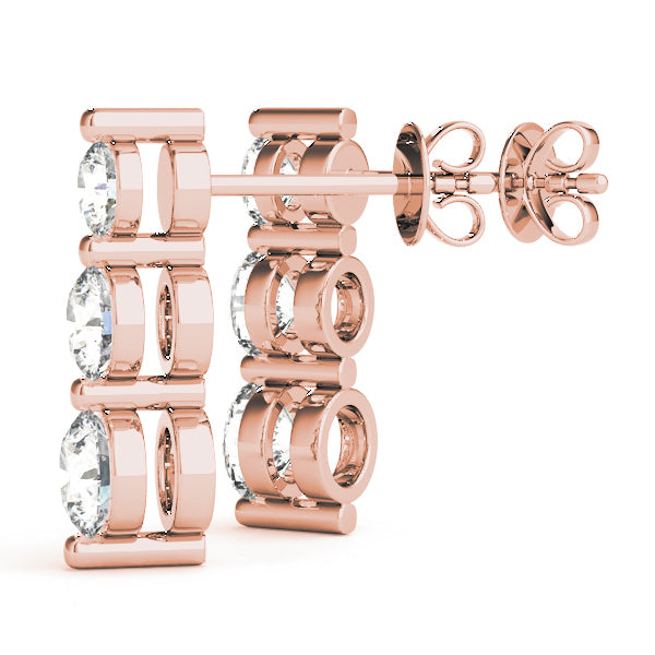 18K Rose Gold 1 CT Diamond Three Stone Earrings