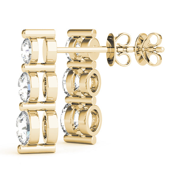 18K Yellow Gold 1 CT Round Diamond Three Stone Earrings