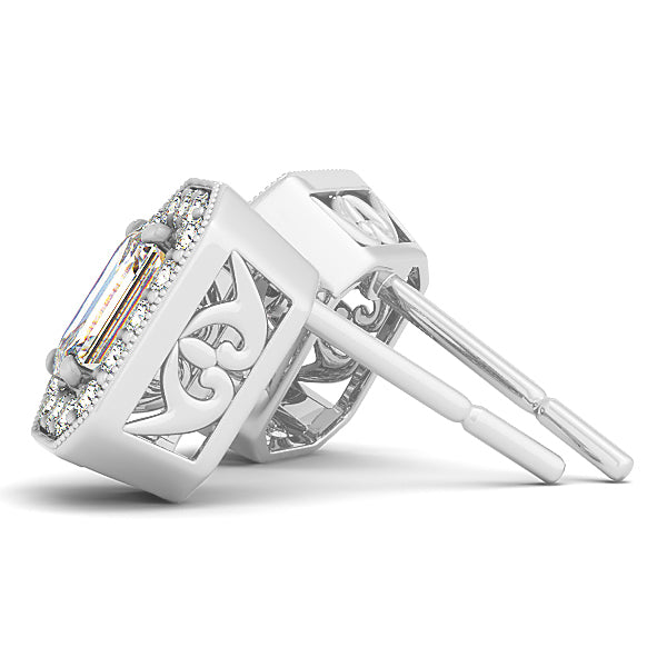 14K White Gold Emerald Diamond Halo Stud Earrings