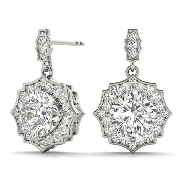 Platinum White Diamond Cushion Halo Earrings