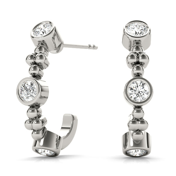 18K White Gold Round Diamond J-Hoop Earrings