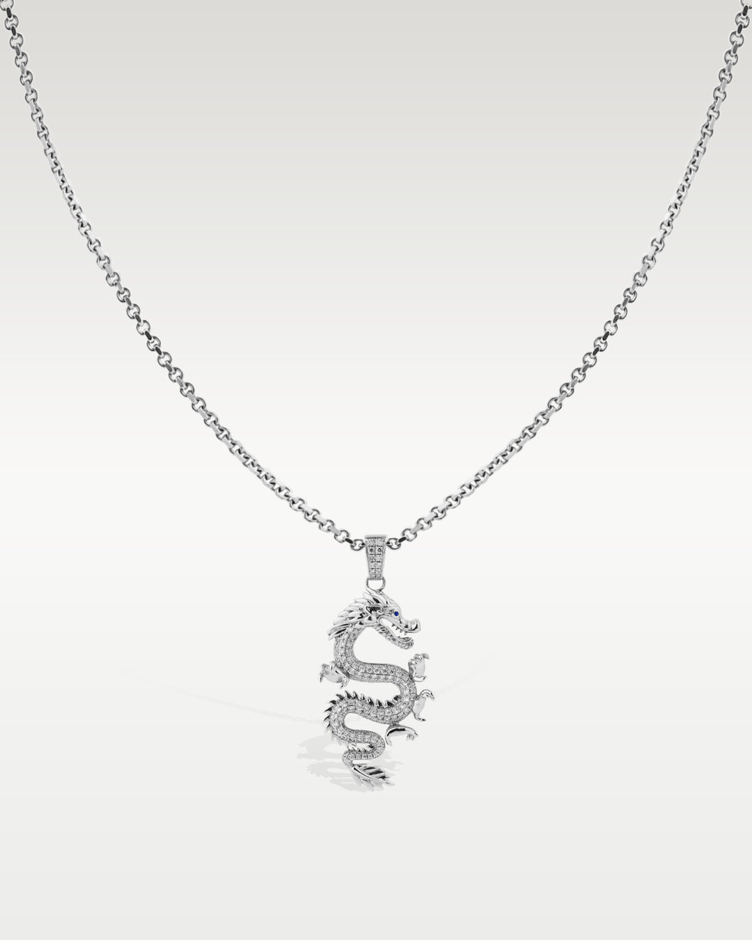 White Gold Diamond Sapphire Dragon Pendant Necklace | Bitton Diamonds Dallas