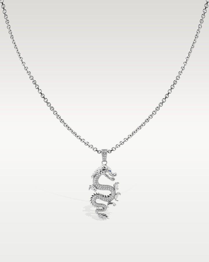 White Gold Diamond Sapphire Dragon Pendant Necklace | Bitton Diamonds Dallas