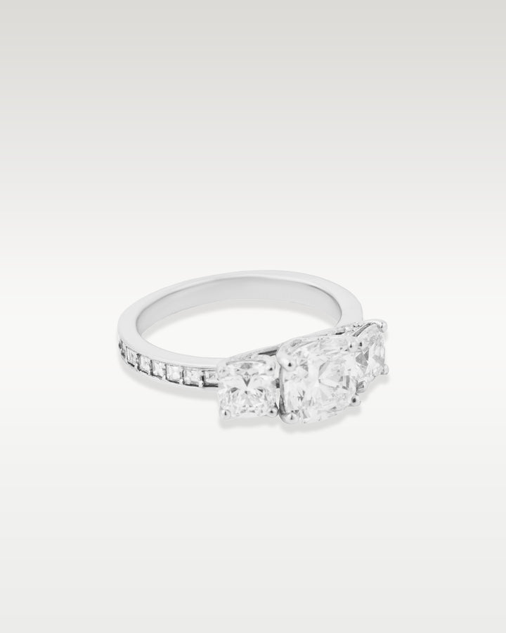 White Gold Three Stone Cushion Diamond Engagement Ring | Bitton Diamonds Dallas