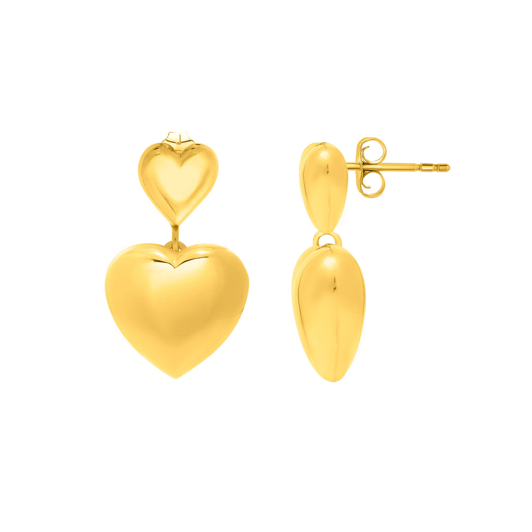 Gold Over Silver Puffed Double Heart Drop Earrings