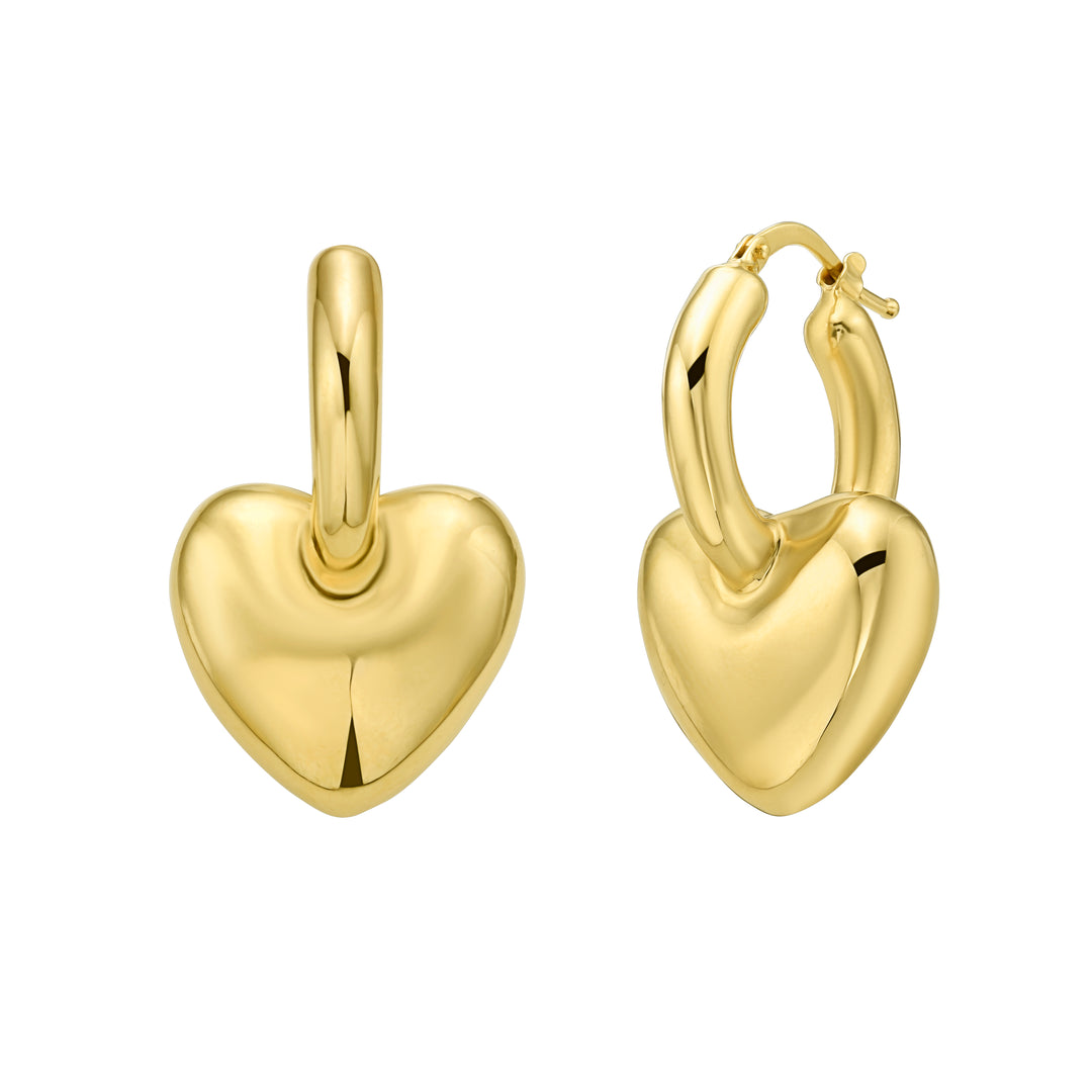 14K Puffy Heart Dangle Huggie Hoops